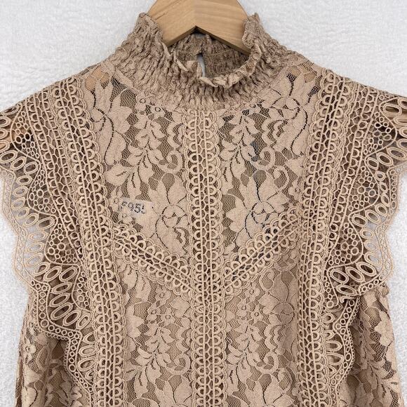 CABLE & GAUGE Tank Top XS Floral Lace Overlay Blouse Mock Neck Brown NEW - Picture 3 of 12